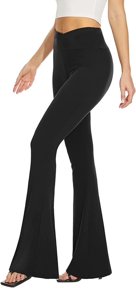 Schwarze Flare-Yogahose für Damen, Crossover-Leggings mit hoher Taille und lässigem Bootcut