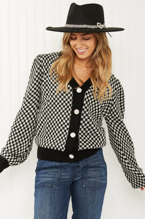 WJ Look the Part Große karierte Strickjacke mit Puff-Shoulder.