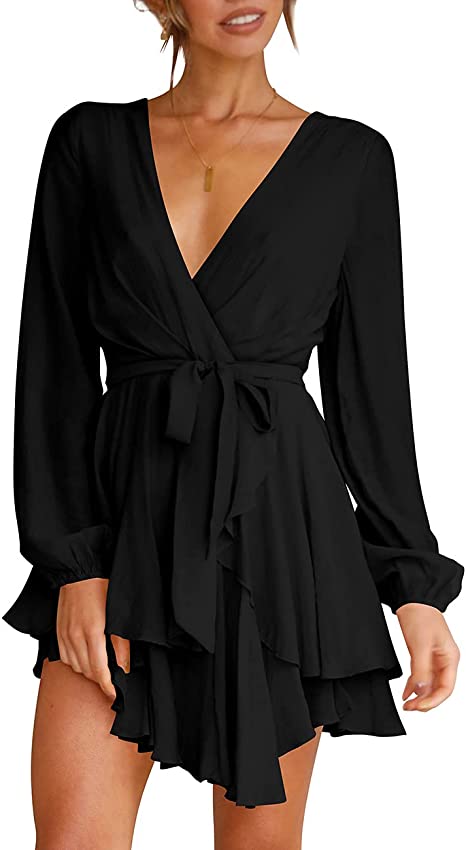 Damenkleid, tiefer V-Ausschnitt, lange Ärmel, Taille, Krawatte, Rüschen, Mini-Swing-Skater-Kleider