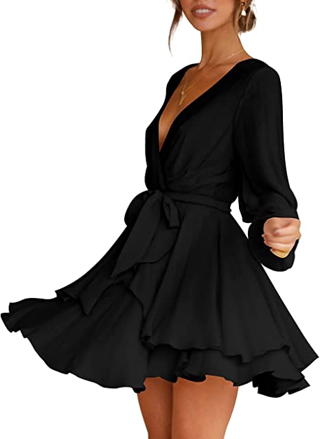 Damenkleid, tiefer V-Ausschnitt, lange Ärmel, Taille, Krawatte, Rüschen, Mini-Swing-Skater-Kleider