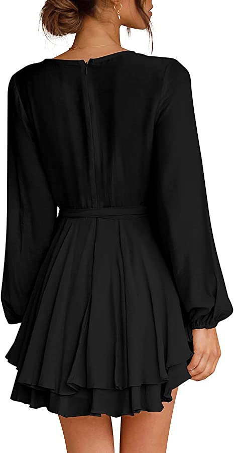 Damenkleid, tiefer V-Ausschnitt, lange Ärmel, Taille, Krawatte, Rüschen, Mini-Swing-Skater-Kleider